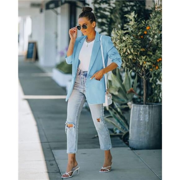 Women's Blazer Short Suit Set | Long Sleeve Open Front Jacket & Solid Pants - Picture 4 of 7
